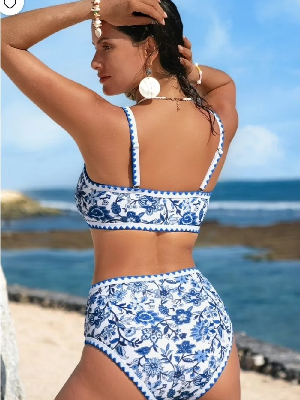 Blue Floral High-Waist Two-Piece Swim Set Size Large NWOT